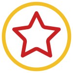 Red color outline star icon with yellow circle, flat style vector illustration for mobile, app, web, UI, game, logo, stamp, sticker, label, agenda, lazer engrave model symbol with isolated background.