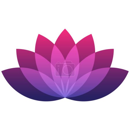 Foto de Símbolo de flor de loto, estilo plano magenta, púrpura, color rosa vector icono objeto. Etiqueta floral con siete pétalos, bienestar, salud e industria del yoga o logo de meditación, fondo aislado. - Imagen libre de derechos