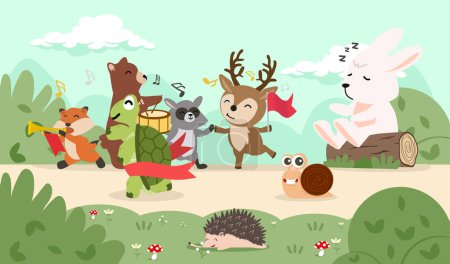 Téléchargez les illustrations : Le lièvre et la tortue courent dans la forêt - en licence libre de droit