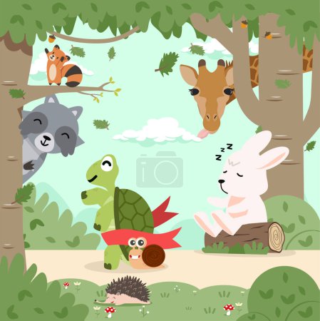 Téléchargez les illustrations : Dessin animé le lièvre et la tortue courent dans la forêt - en licence libre de droit
