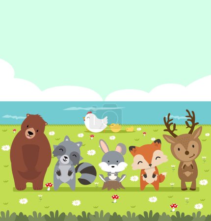 Illustration for Cartoon garden animals with field background - Royalty Free Image