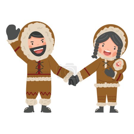 Téléchargez les illustrations : Couple Esquimau avec bébé dessin animé familial - en licence libre de droit