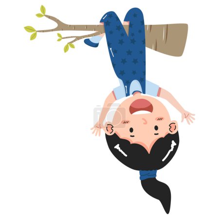 Illustration for Little girl hanging upside down  on a tree branch - Royalty Free Image