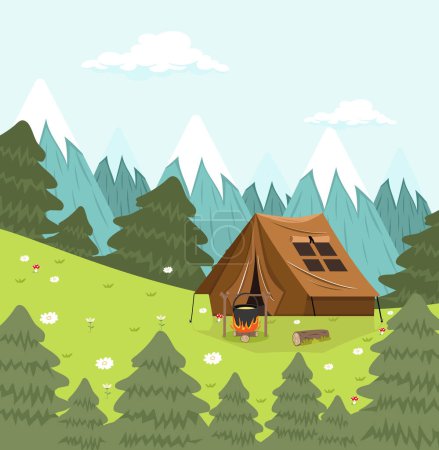 Téléchargez les illustrations : Camping Summer Forest Appartement de dessin animé - en licence libre de droit