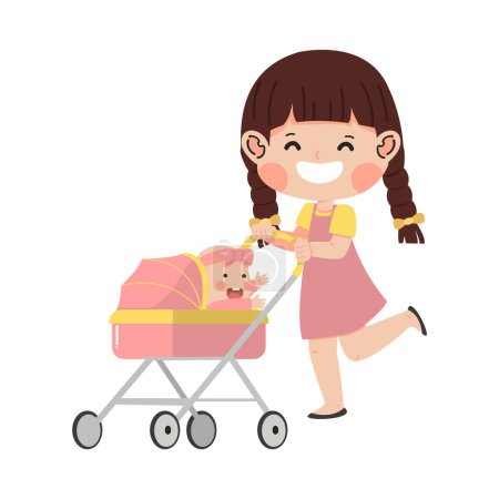 Téléchargez les illustrations : Jeune femme avec le bébé en poussettes à roues - en licence libre de droit