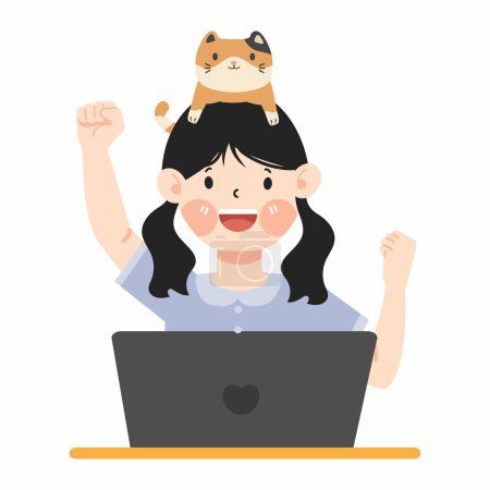 Emocionado feliz mujer trabajador con gato