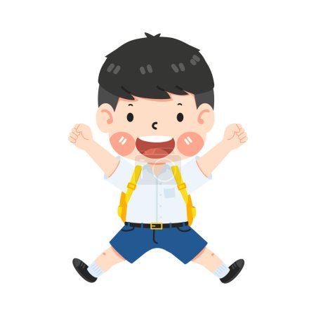 Cute boy student jump and feel happy