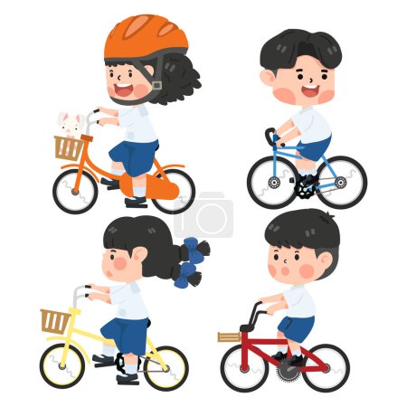 Illustration for Cute kids student riding bicycle going to school set - Royalty Free Image