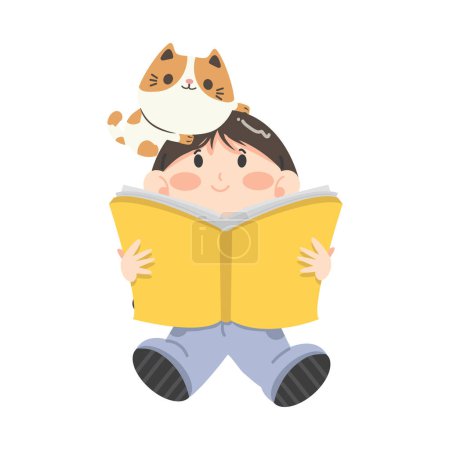 Téléchargez les illustrations : Fille assis lire livre avec chat - en licence libre de droit