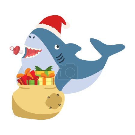 Téléchargez les illustrations : Mignon requin Père Noël avec cadeau - en licence libre de droit