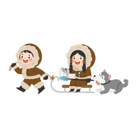 Illustration for Happy eskimo man and woman with sleign - Royalty Free Image