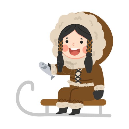 Illustration for Eskimo wearing fur clothes and sleigh - Royalty Free Image