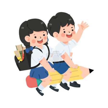 Happy Kids students Flying With Pencil