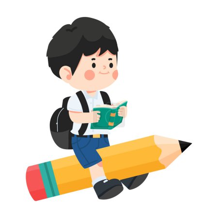 Happy boy student reading on Pencil back to school