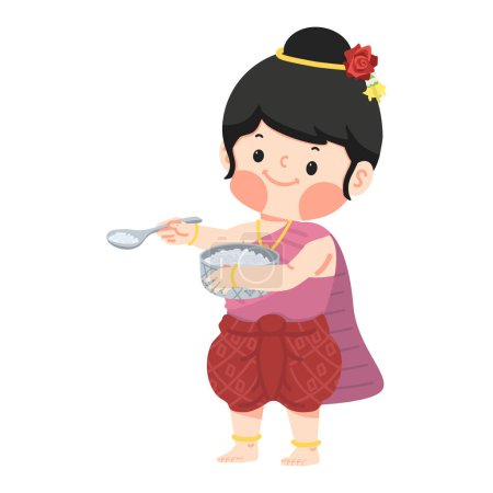Téléchargez les illustrations : Fille dans la robe thai offrant la nourriture - en licence libre de droit