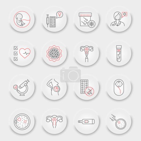 Ilustración de IVF line icon set, vitro fertilization collection, vector graphics, neumorphic UI UX buttons, IVF vector icons, artificial insemination signs, outline pictograms, editable stroke - Imagen libre de derechos