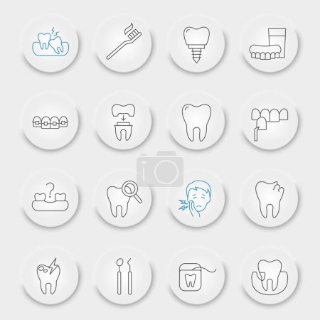 Dental Line Icon Set, Zahnheilkunde Sammlung, Vektorskizzen, neumorphe UI UX Buttons, Kieferorthopädie Symbole, Stomatologie Klinik Zeichen lineare Piktogramme, editierbare Schlaganfall