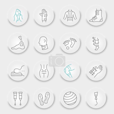Illustration for Rehabilitation line icon set, therapy symbols collection, vector sketches, neumorphic UI UX buttons, physiotherapy signs linear pictograms - Royalty Free Image