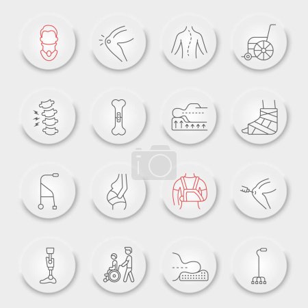 Illustration for Rehabilitation line icon set, therapy symbols collection, vector sketches, neumorphic UI UX buttons, physiotherapy signs linear pictograms - Royalty Free Image