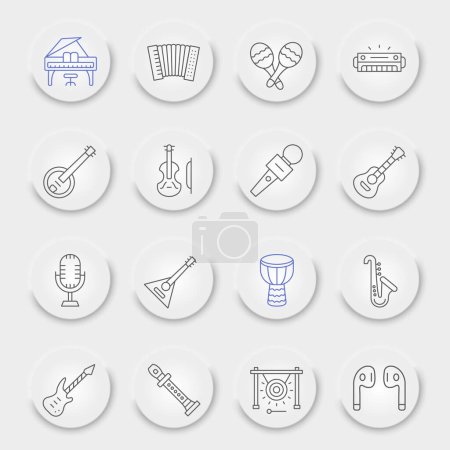 Illustration for Music line icon set, musical instruments symbols collection, vector sketches, neumorphic UI UX buttons, audio equipment signs linear pictograms package isolated on white background, eps 10. - Royalty Free Image