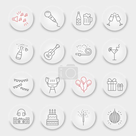 Illustration for Party line icon set, celebration symbols collection, vector sketches, neumorphic UI UX buttons, festive signs linear pictograms package isolated on white background, eps 10. - Royalty Free Image