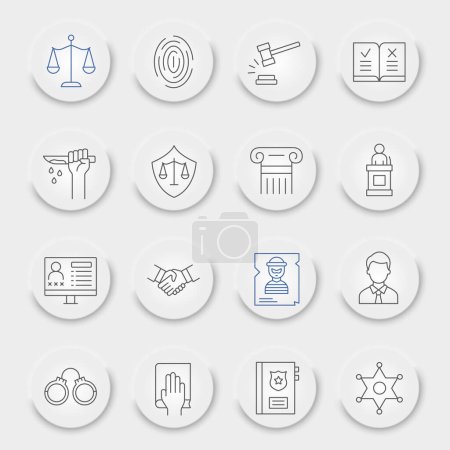 Ensemble d'icônes de ligne de loi, collection de symboles de justice, croquis vectoriels, boutons UX neumorphiques de l'interface utilisateur, panneau de jurisprudence pictogrammes linéaires isolés sur fond blanc, eps 10.