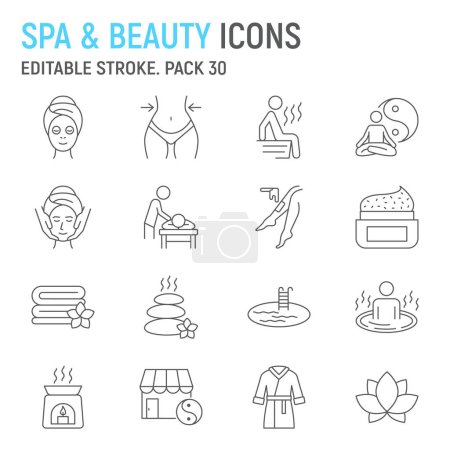 Ilustración de Set de iconos de línea de belleza y SPA, colección de salud, gráficos vectoriales de procedimientos de belleza, ilustraciones de logotipos, iconos vectoriales de tratamientos relajantes, signos de spa, pictogramas de contorno - Imagen libre de derechos
