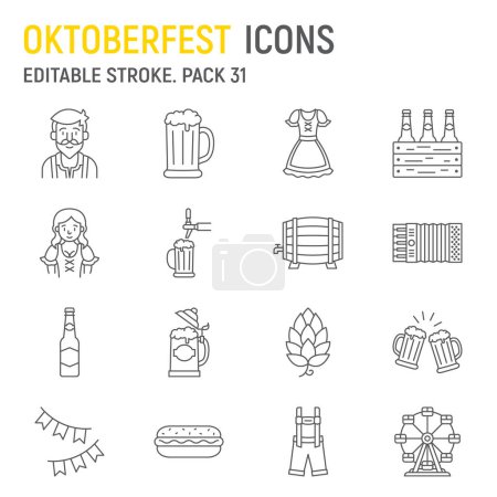 Oktoberfest-Liniensymbolset, Feiertagssammlung, Vektorgrafiken, Logoabbildungen, Bierfest-Vektorsymbole, deutsche Symbolschilder, Umrisspiktogramme, editierbarer Strich