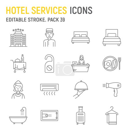 Liniensymbole für Hoteldienstleistungen, Tourismus-Sammlung, Vektorgrafiken, Logo-Illustrationen, Hotel-Vektorsymbole, Reiseschilder, Umrisspiktogramme, editierbarer Strich