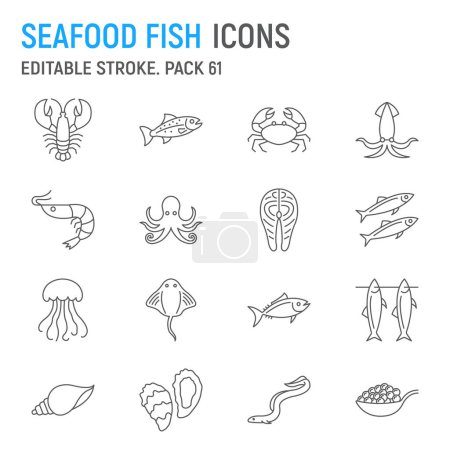 Seafood and fish line icon set, sea animals collection, vector graphics, logo illustrations, ocean animals vector icons, seafood and fish signs, outline pictograms, editable stroke