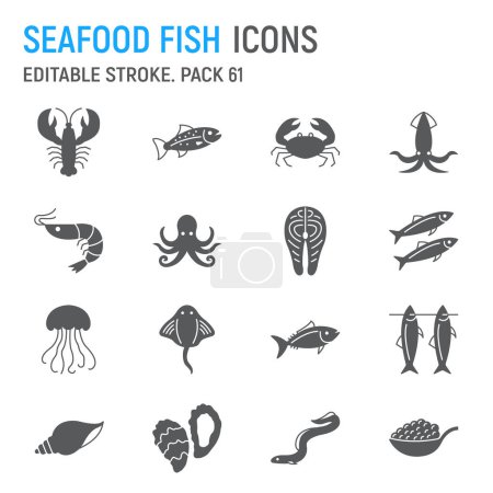 Conjunto de iconos de glifo de mariscos y peces, colección de animales marinos, gráficos vectoriales, ilustraciones de logotipos, iconos vectoriales de animales marinos, signos de mariscos y peces, pictogramas sólidos, trazo editable
