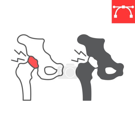 Hip pain line and glyph icon, body pain and human disease, hip trauma vector icon, vector graphics, editable stroke outline sign, eps 10.