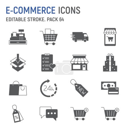 E-Commerce-Symbolset, Online-Shopping-Sammlung, Vektorgrafiken, Logo-Illustrationen, Marketing-Vektorsymbole, Handelsschilder, solide Piktogramme, editierbarer Strich