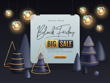 Illustration for Black friday big sale poster with black plastic christmas trees and electric lamps. Vector illustration - Royalty Free Image