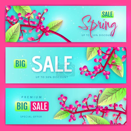 Ilustración de Conjunto de pancartas de tipografía de gran venta de primavera con ramas florecientes. Concepto de naturaleza. Ilustración vectorial - Imagen libre de derechos