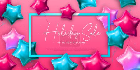 Ilustración de Cartel de tipografía de gran venta navideña con globos en forma de estrella rosa y azul. Ilustración vectorial - Imagen libre de derechos