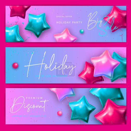 Illustration for Set of Holiday big sale typography banners with pink and blue star shaped balloons. Vector illustration - Royalty Free Image