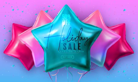 Illustration for Holiday big sale typography poster with pink and blue star shaped balloons. Vector illustration - Royalty Free Image