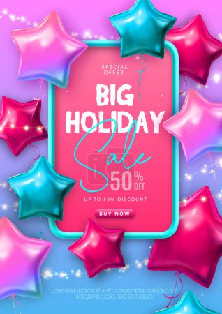 Photo pour Affiche de typographie de grande vente de vacances avec des ballons roses et bleus en forme d'étoile. Illustration vectorielle - image libre de droit
