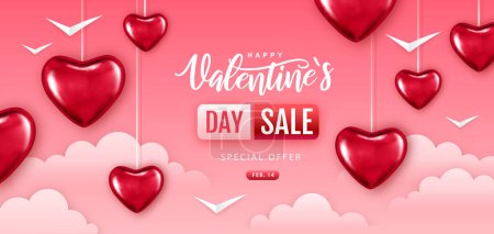 Téléchargez les illustrations : Happy Valentines Day grande affiche de typographie de vente avec des oreilles roses et des nuages. Illustration vectorielle - en licence libre de droit