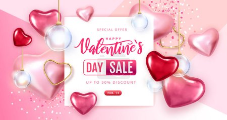 Téléchargez les illustrations : Happy Valentines Day grande affiche de typographie de vente avec des cœurs roses et rouges. Illustration vectorielle - en licence libre de droit