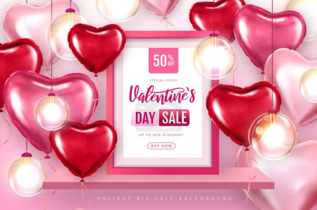 Illustration for Happy Valentines Day big sale typography poster with pink  heart shaped balloons. Vector illustration - Royalty Free Image