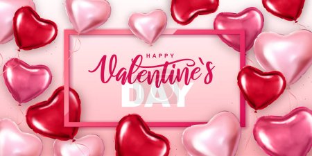 Illustration for Happy Valentines Day  typography poster with pink heart shaped balloons. Vector illustration - Royalty Free Image