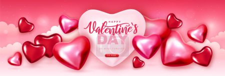 Illustration for Happy Valentines Day poster with pink and red hearts in the romantic sky. Vector illustration - Royalty Free Image