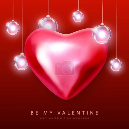 Illustration for Happy Valentines Day poster with 3D red metallic heart and electric lamps. Vector illustration - Royalty Free Image