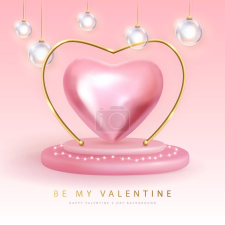 Ilustración de Cartel del Feliz Día de San Valentín con corazón metálico rosa 3D y lámparas eléctricas. Ilustración vectorial - Imagen libre de derechos