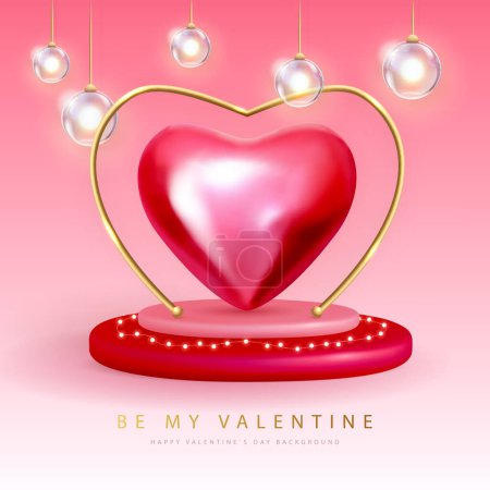 Illustration for Happy Valentines Day poster with 3D red metallic heart and electric lamps. Vector illustration - Royalty Free Image