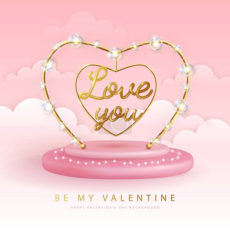 Téléchargez les illustrations : Happy Valentines Day poster avec coeur d'amour métallique rouge 3D et lampes électriques. Illustration vectorielle - en licence libre de droit