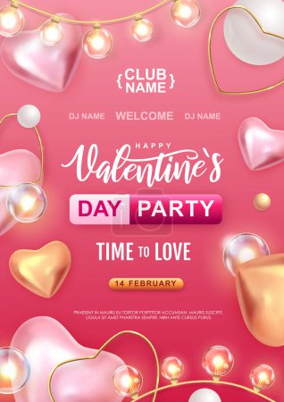 Ilustración de Cartel de la fiesta de San Valentín feliz con corazones de amor rosa 3D. Ilustración vectorial - Imagen libre de derechos