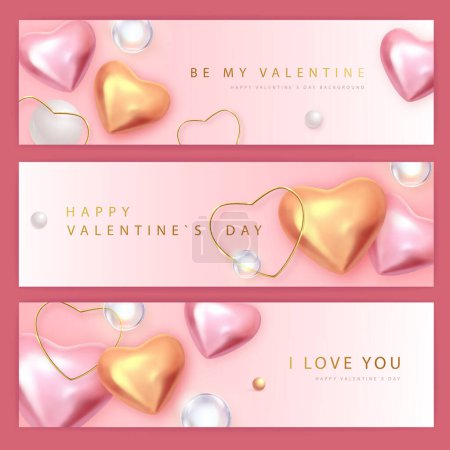 Ilustración de Set de banners tipográficos Feliz Día de San Valentín con corazones de oro y rosa en 3D. Ilustración vectorial - Imagen libre de derechos